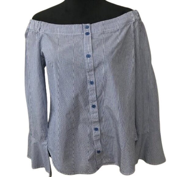Sanctuary Blue and White Bell Sleeve Off-Shoulder Blouse - Picture 2 of 9